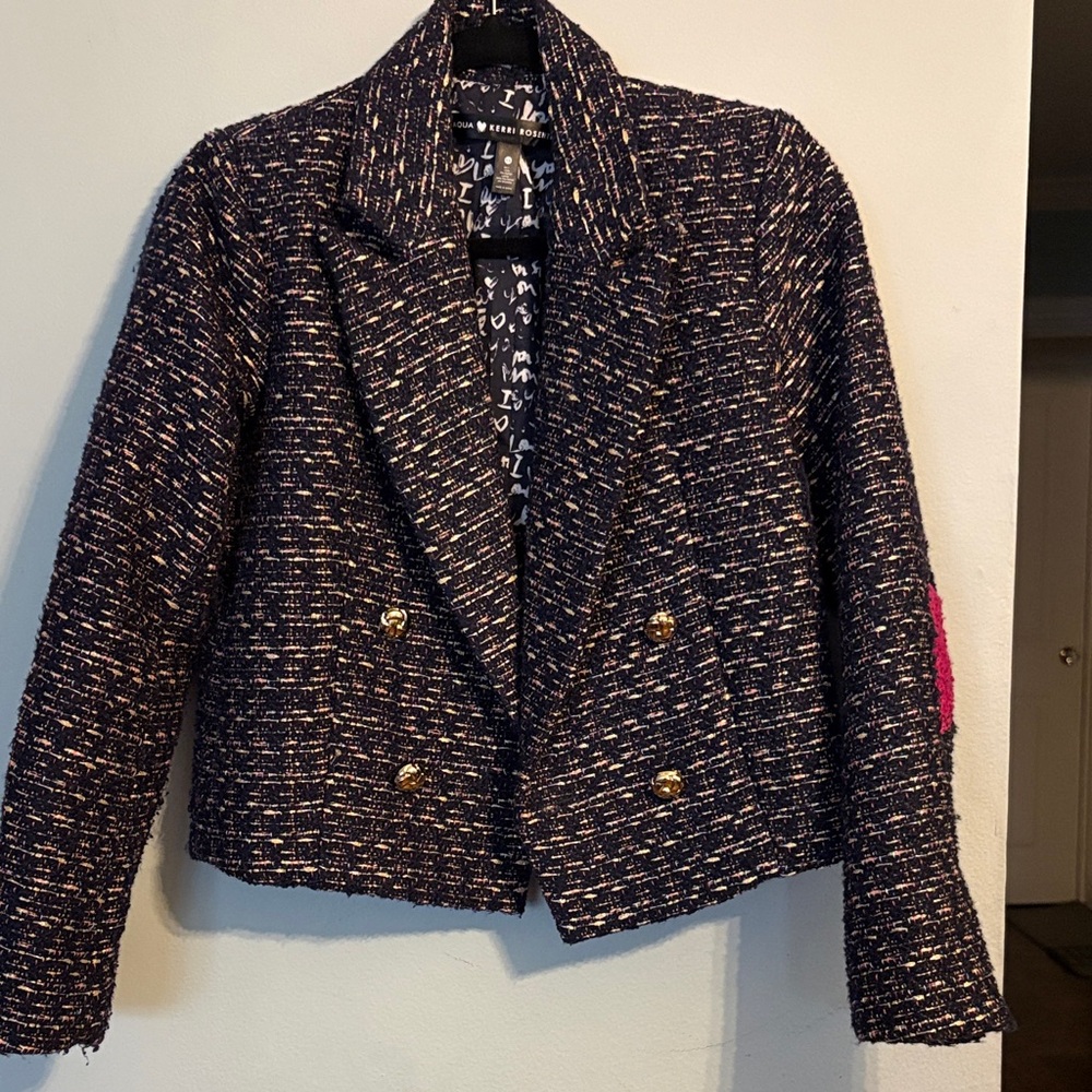 Aqua x Kerri Rosenthal Navy Tweed Blazer with Gold Buttons